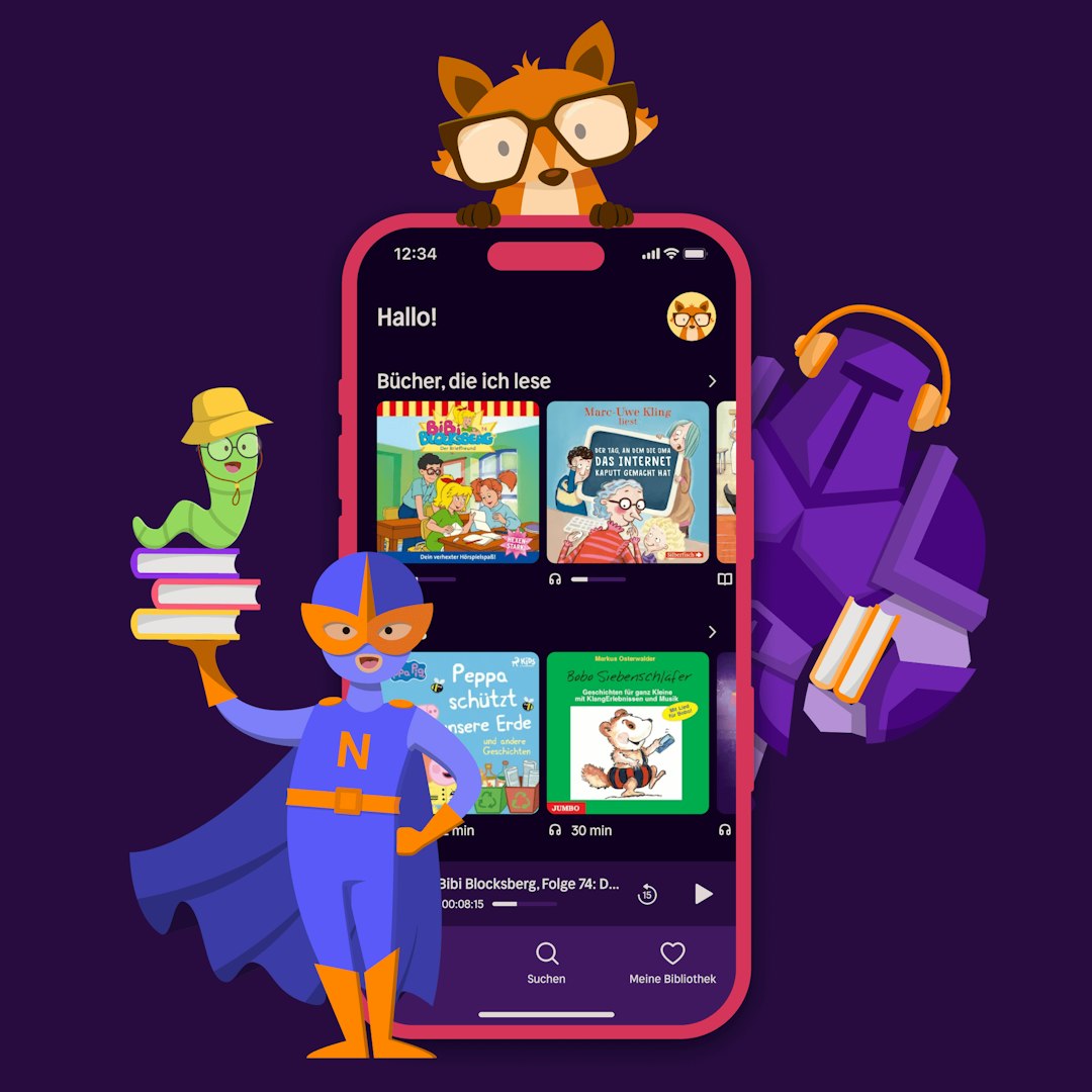 Eine Nextory-Kinder-App mit einem freundlichen Superhelden in Blau und Orange, begleitet von einem grünen Bücherwurm-Maskottchen mit gelbem Hut, einem orangefarbenen Fuchs mit Brille und einem lila Soldaten mit Kopfhörern. Der App-Bildschirm zeigt eine Auswahl an Kinderhörbüchern.