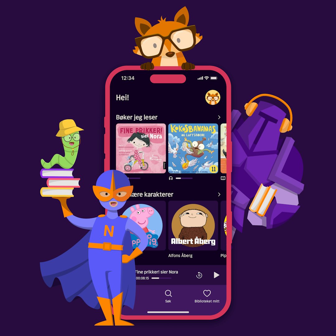 En barneapp fra Nextory med en vennlig superhelt i blått og oransje, en grønn bokorm-maskot med gul hatt, en oransje rev med briller og en lilla soldat med hodetelefoner. Appskjermen viser et utvalg av lydbøker for barn.
