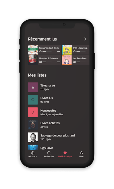 An image showing the library in the app. On top are the most recent books and below are reading lists that contain books and magazines.